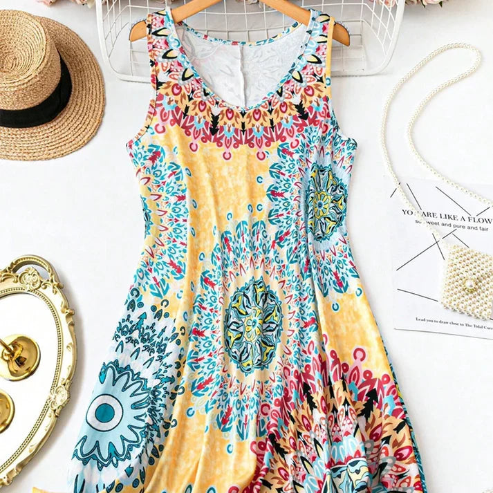 Luna - Vestido de verano estampado sin mangas de corte en A