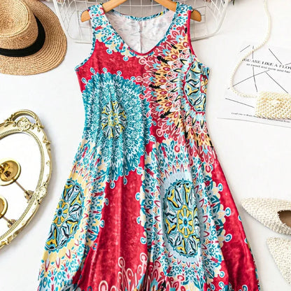 Luna - Vestido de verano estampado sin mangas de corte en A