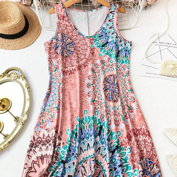 Luna - Vestido de verano estampado sin mangas de corte en A