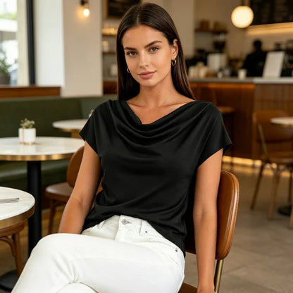 Aitana - Blusa con cuello drapeado y mangas casquillo