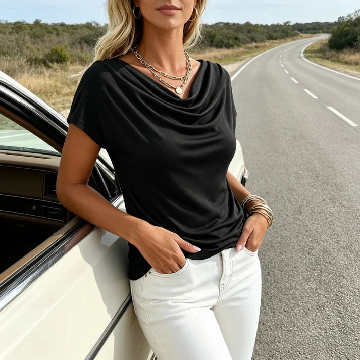Aitana - Blusa con cuello drapeado y mangas casquillo