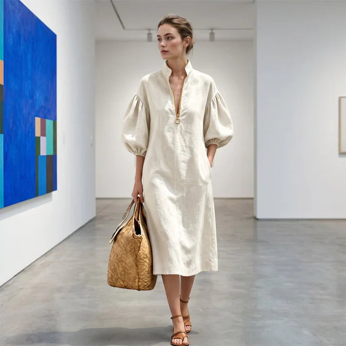 Amaia - Vestido midi con media cremallera y mangas abullonadas