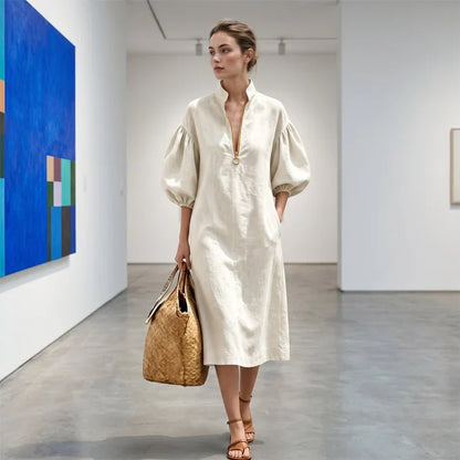 Amaia - Vestido midi con media cremallera y mangas abullonadas