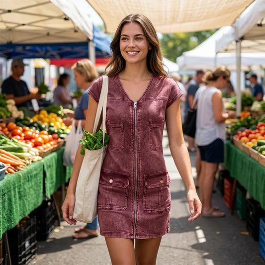 Pilar - Vestido casual de manga corta con cremallera