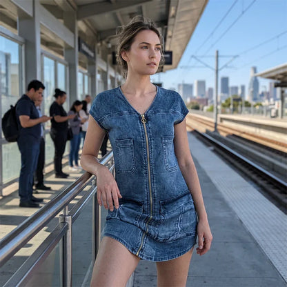 Pilar - Vestido casual de manga corta con cremallera