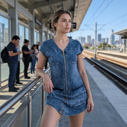 Pilar - Vestido casual de manga corta con cremallera