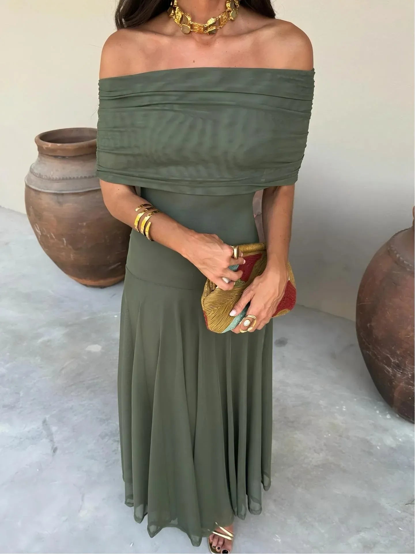 Vestido maxi de malla toledo con un solo hombro