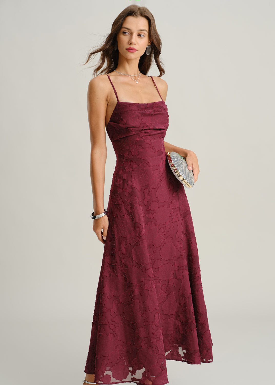 Vestido maxi lencero jacquard rojo vino