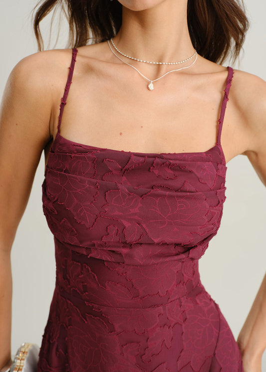 Vestido maxi lencero jacquard rojo vino