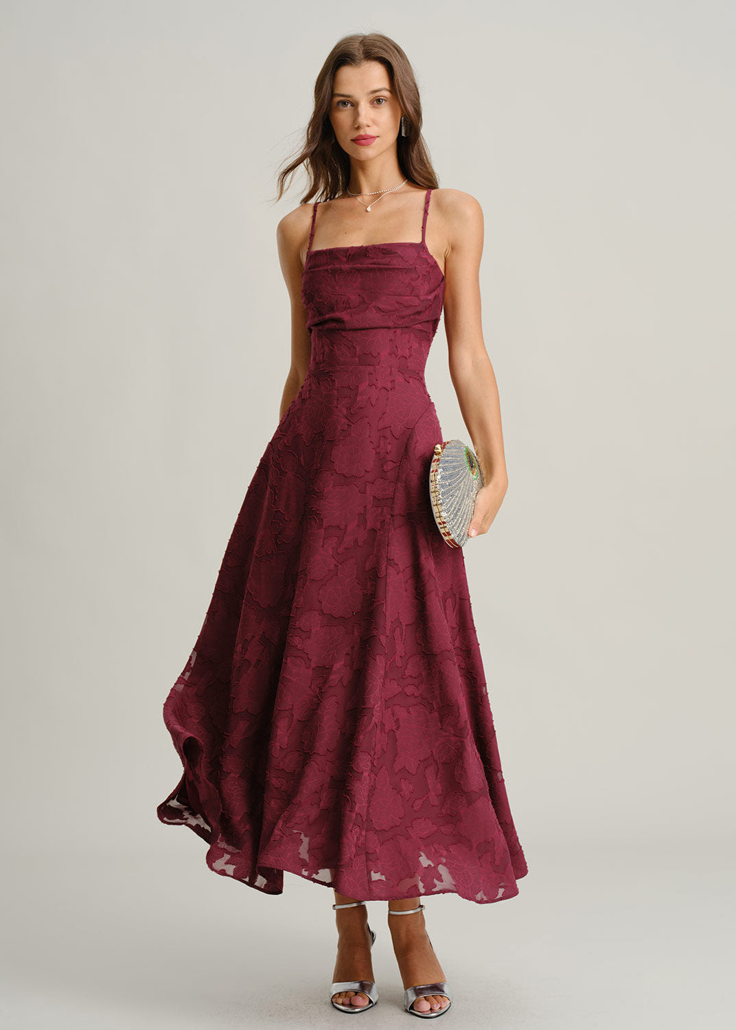 Vestido maxi lencero jacquard rojo vino