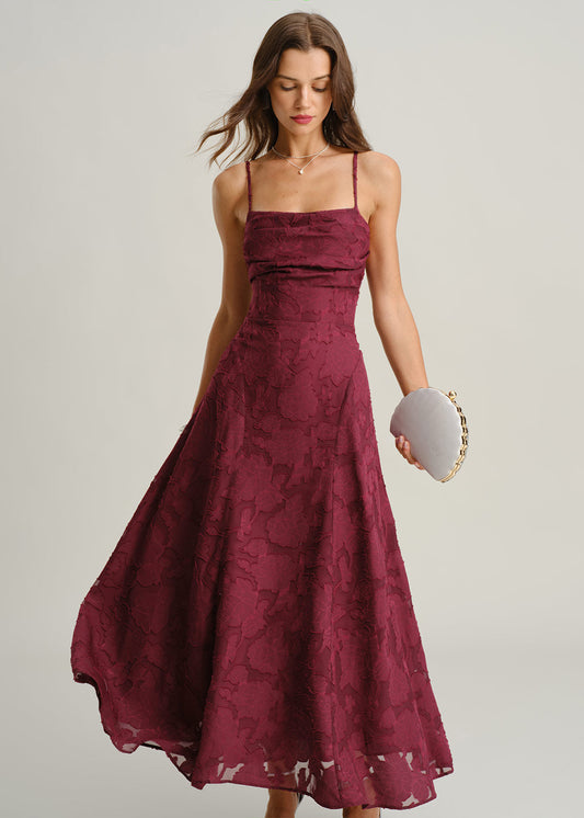 Vestido maxi lencero jacquard rojo vino